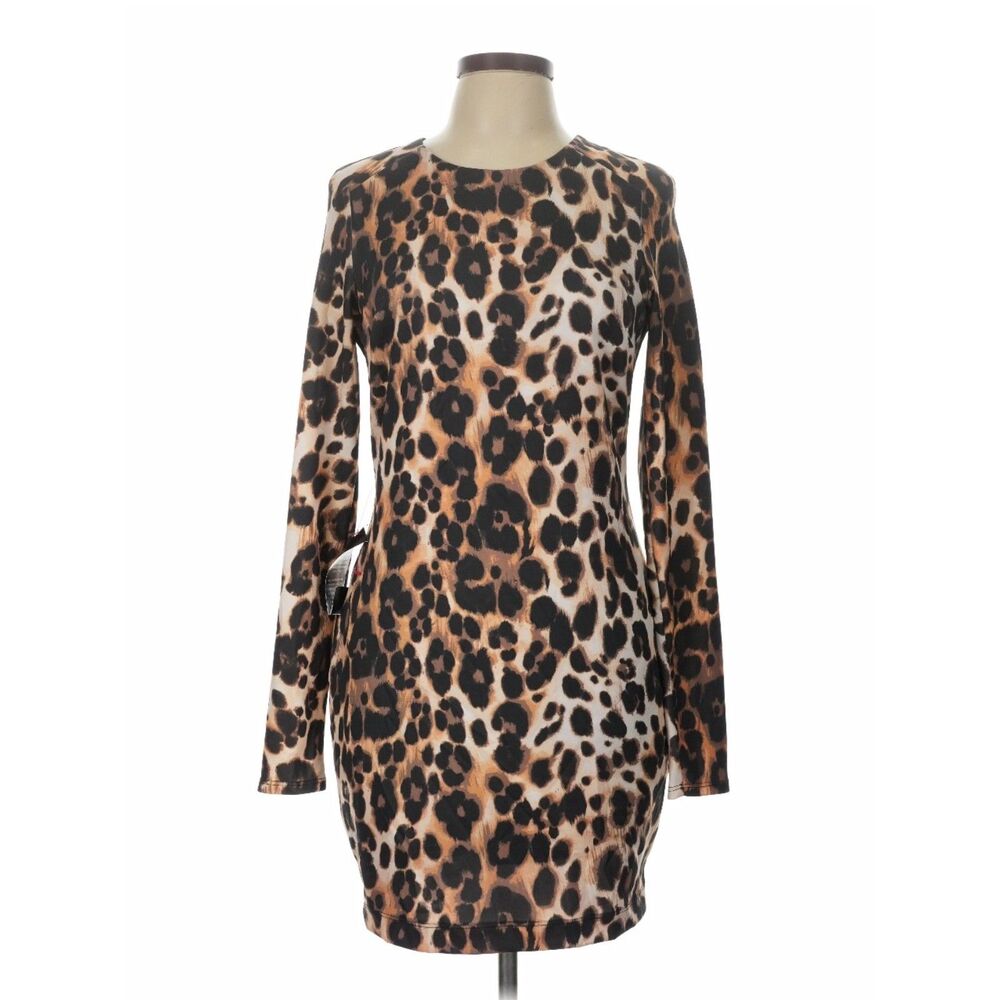 Bebe Leopard Print Bodycon Mini Dress L NWT Y2K Long Sleeve Made in USA